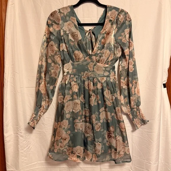 Altar'd State Floral Long Sleeve Dress in Teal and Cream - Picture 1 of 6
